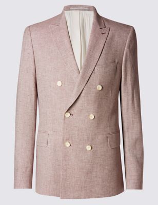Linen Blend Tailored Fit Birdseye Double Breasted Jacket